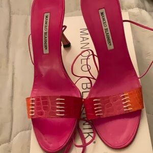 Pink Manolo Blahnik Alligator lace up the leg heels worn once 39.5 9 9.5 9.5